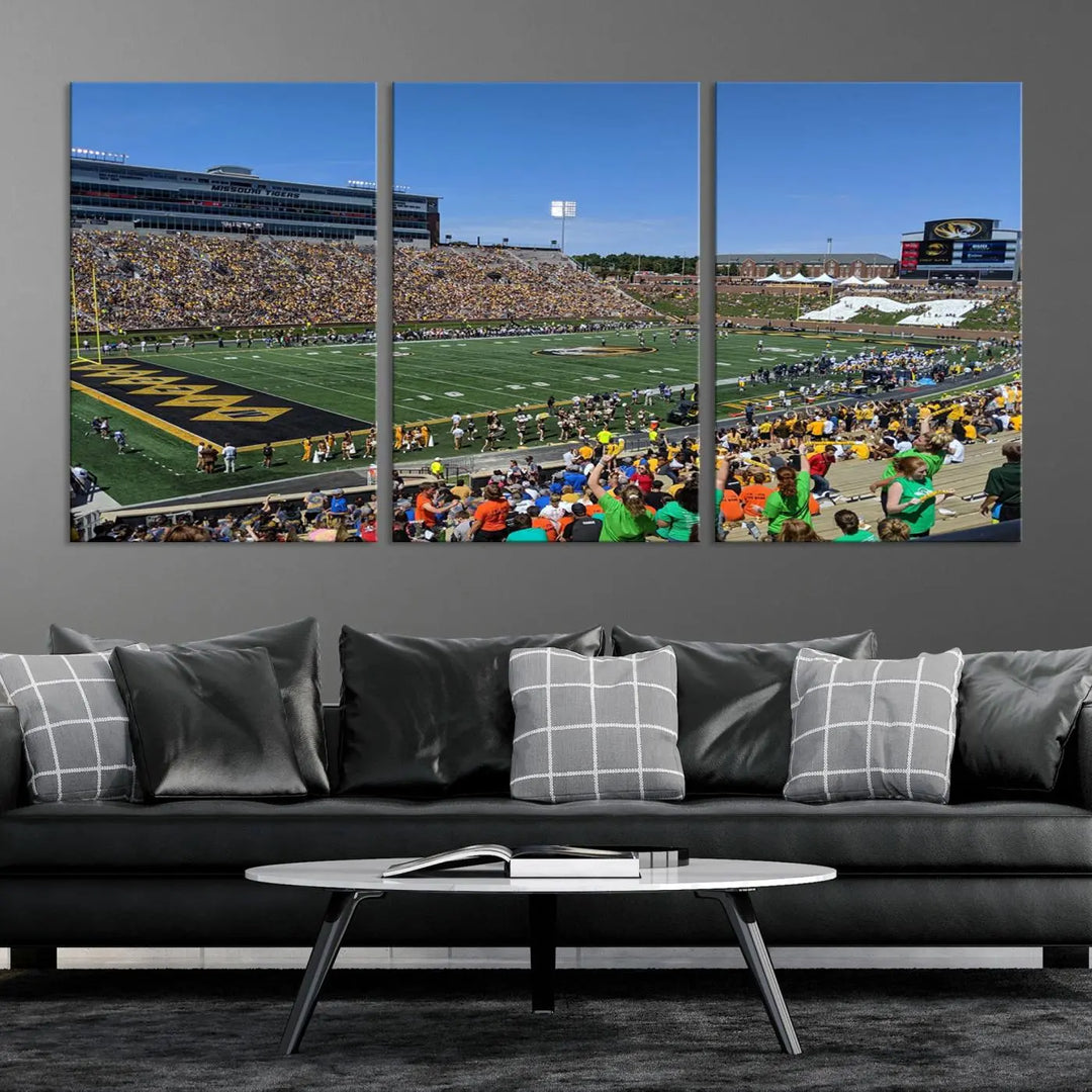 The "University of Missouri Tigers Football Team Print - Columbia Faurot Field at Memorial Stadium Wall Art Canvas Print" adds a gallery-quality finish to the modern living room, displaying a football stadium scene.