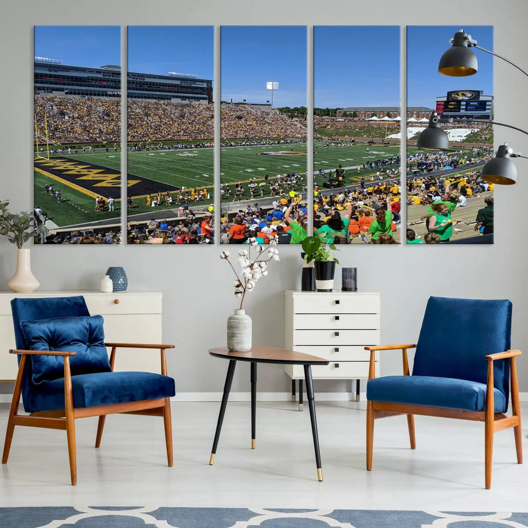 The "University of Missouri Tigers Football Team Print - Columbia Faurot Field at Memorial Stadium Wall Art Canvas Print" adds a gallery-quality finish to the modern living room, displaying a football stadium scene.