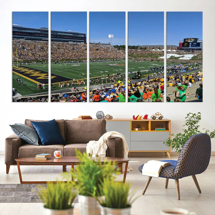 The "University of Missouri Tigers Football Team Print - Columbia Faurot Field at Memorial Stadium Wall Art Canvas Print" adds a gallery-quality finish to the modern living room, displaying a football stadium scene.