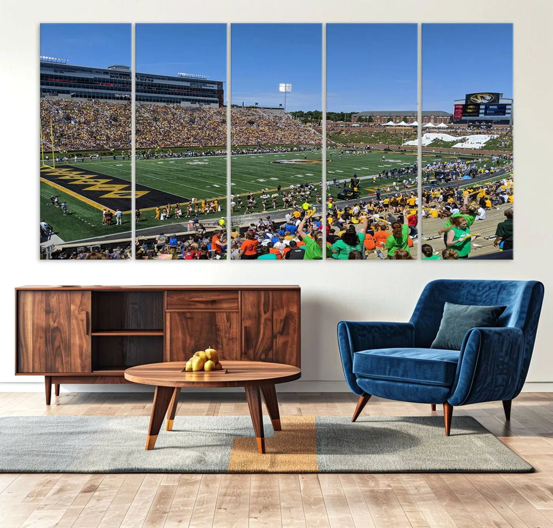 The "University of Missouri Tigers Football Team Print - Columbia Faurot Field at Memorial Stadium Wall Art Canvas Print" adds a gallery-quality finish to the modern living room, displaying a football stadium scene.