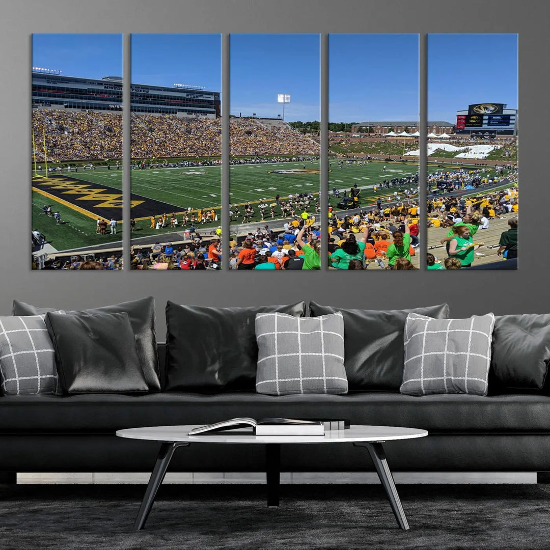 The "University of Missouri Tigers Football Team Print - Columbia Faurot Field at Memorial Stadium Wall Art Canvas Print" adds a gallery-quality finish to the modern living room, displaying a football stadium scene.