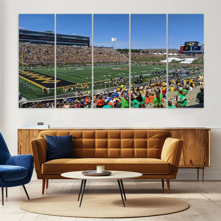 The "University of Missouri Tigers Football Team Print - Columbia Faurot Field at Memorial Stadium Wall Art Canvas Print" adds a gallery-quality finish to the modern living room, displaying a football stadium scene.