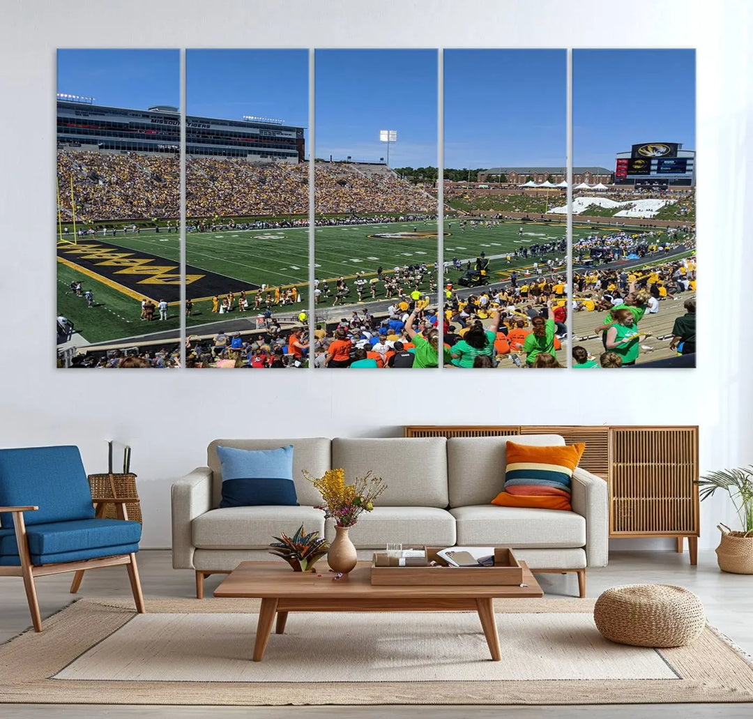 The "University of Missouri Tigers Football Team Print - Columbia Faurot Field at Memorial Stadium Wall Art Canvas Print" adds a gallery-quality finish to the modern living room, displaying a football stadium scene.