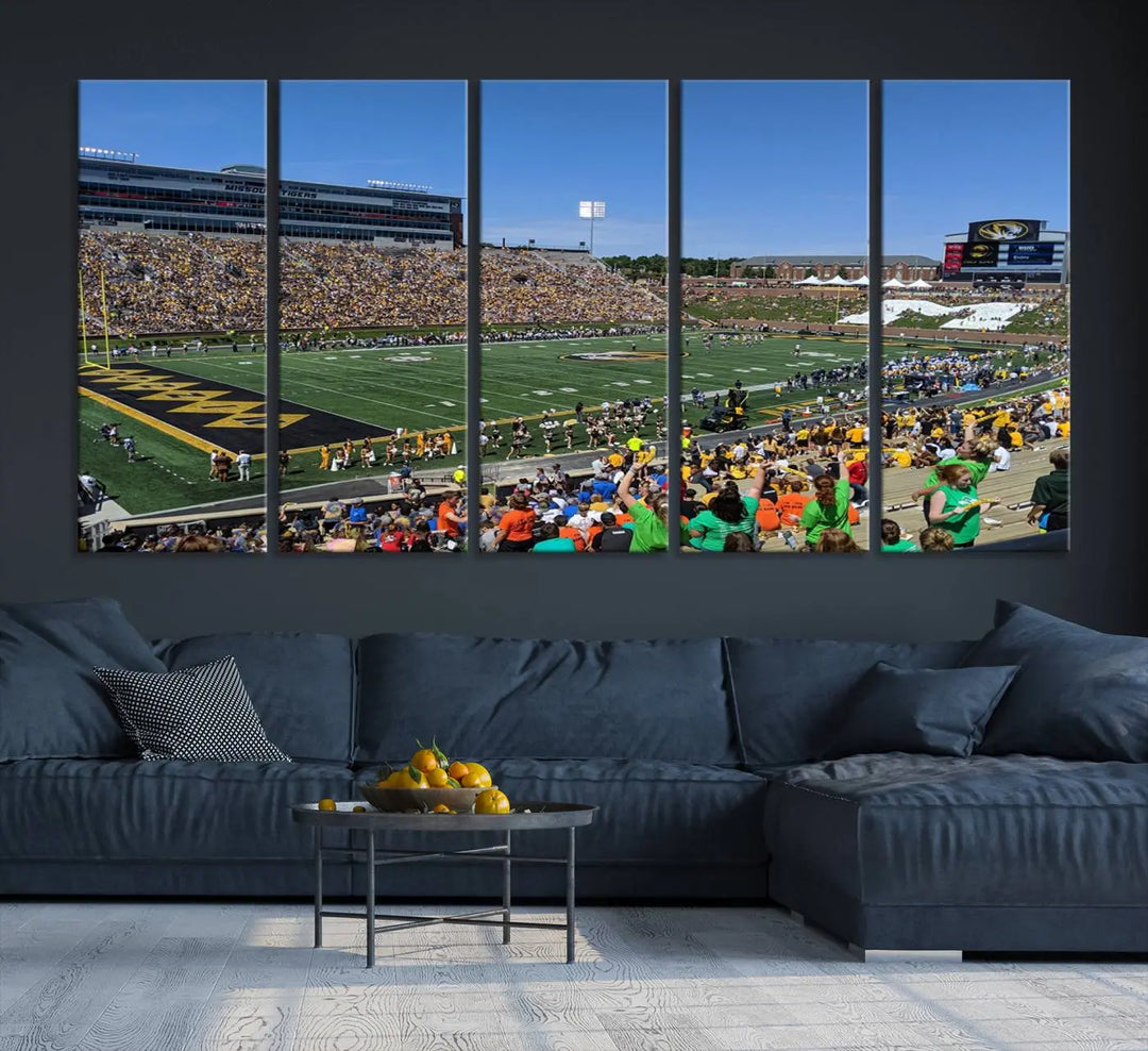 The "University of Missouri Tigers Football Team Print - Columbia Faurot Field at Memorial Stadium Wall Art Canvas Print" adds a gallery-quality finish to the modern living room, displaying a football stadium scene.