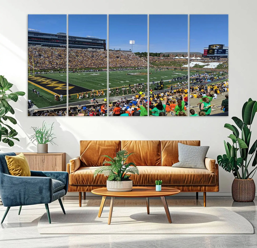 The "University of Missouri Tigers Football Team Print - Columbia Faurot Field at Memorial Stadium Wall Art Canvas Print" adds a gallery-quality finish to the modern living room, displaying a football stadium scene.