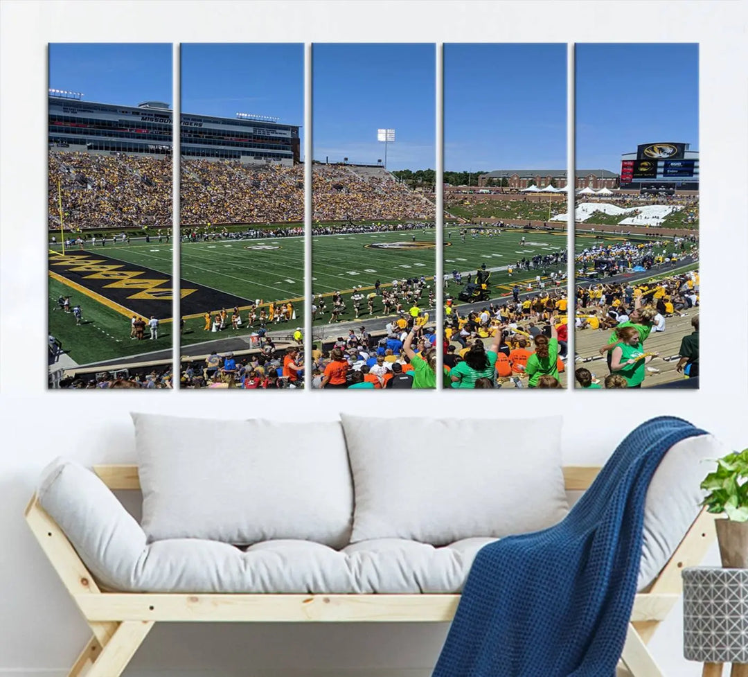 The "University of Missouri Tigers Football Team Print - Columbia Faurot Field at Memorial Stadium Wall Art Canvas Print" adds a gallery-quality finish to the modern living room, displaying a football stadium scene.