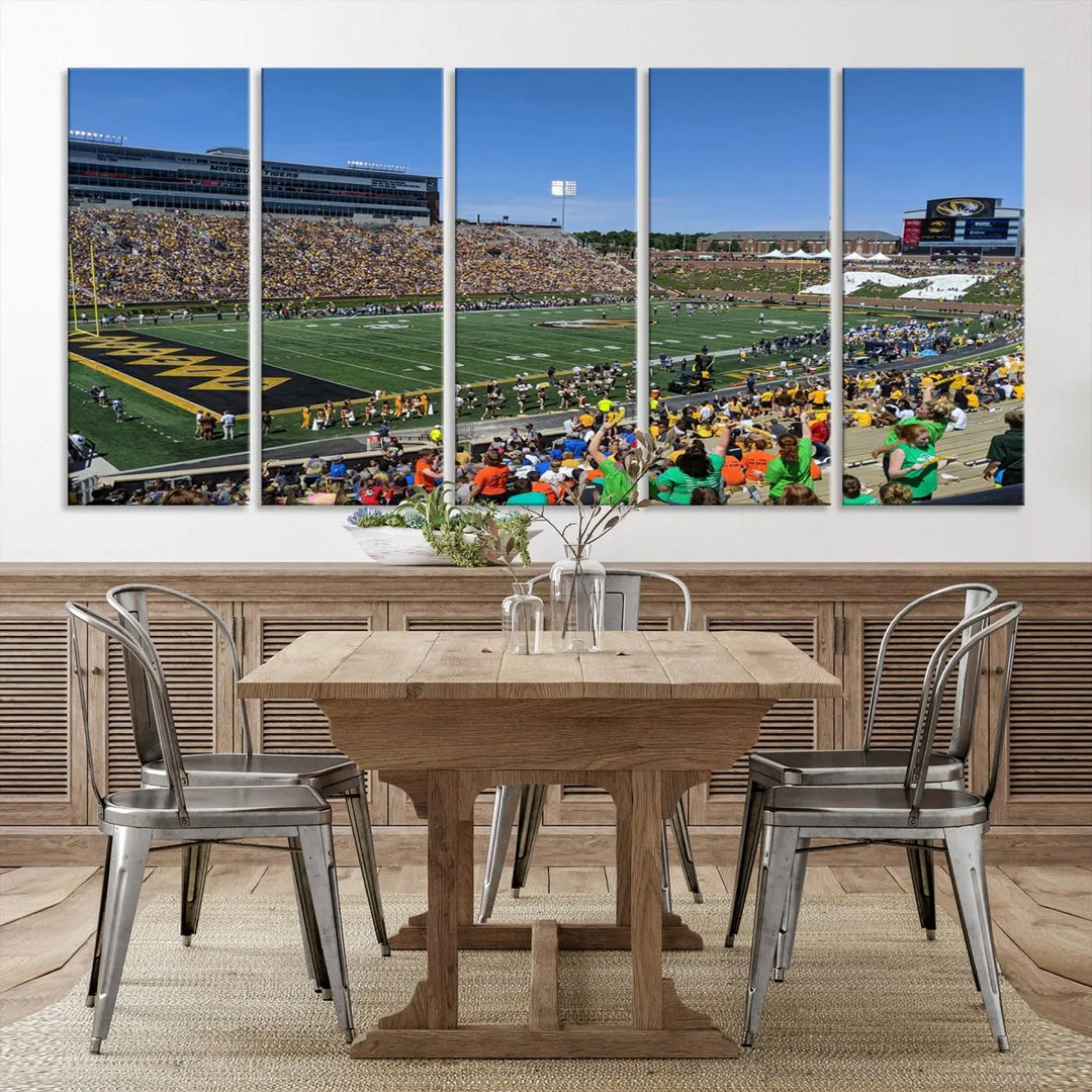 The "University of Missouri Tigers Football Team Print - Columbia Faurot Field at Memorial Stadium Wall Art Canvas Print" adds a gallery-quality finish to the modern living room, displaying a football stadium scene.