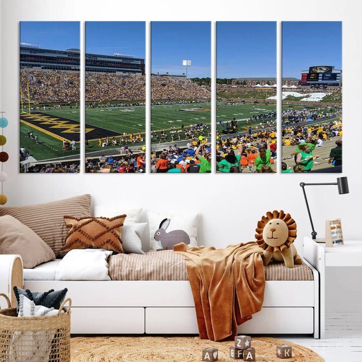 The "University of Missouri Tigers Football Team Print - Columbia Faurot Field at Memorial Stadium Wall Art Canvas Print" adds a gallery-quality finish to the modern living room, displaying a football stadium scene.