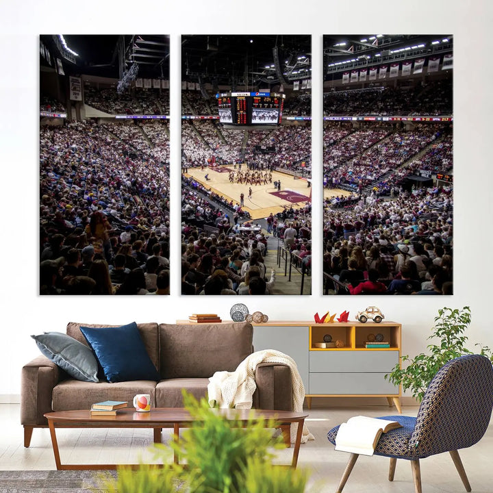 The University of Nebraska Cornhuskers Basketball Team Print - Lincoln Red Arena Wall Art Canvas Print decorates the modern living room. This premium canvas wall art boasts a gallery-quality finish, enhancing the space's contemporary vibe.