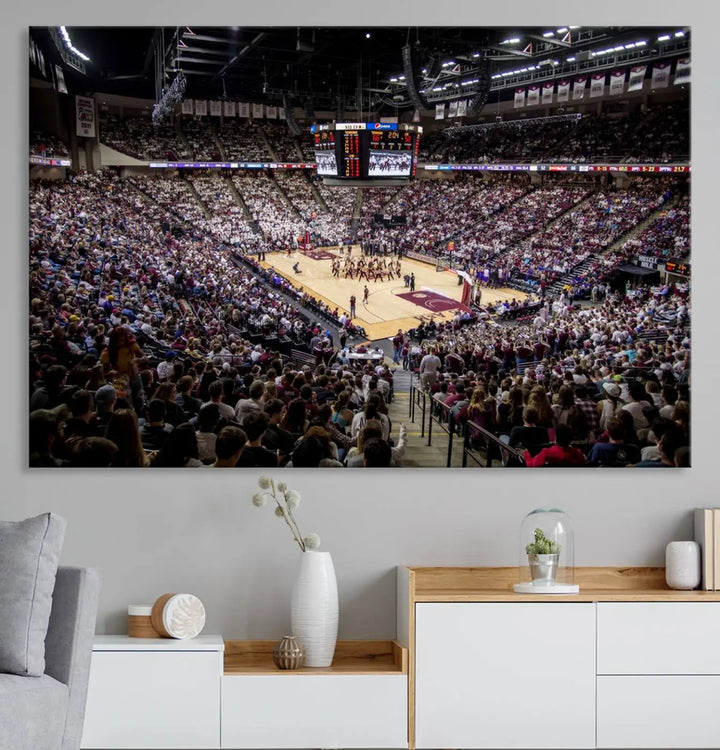 The University of Nebraska Cornhuskers Basketball Team Print - Lincoln Red Arena Wall Art Canvas Print decorates the modern living room. This premium canvas wall art boasts a gallery-quality finish, enhancing the space's contemporary vibe.