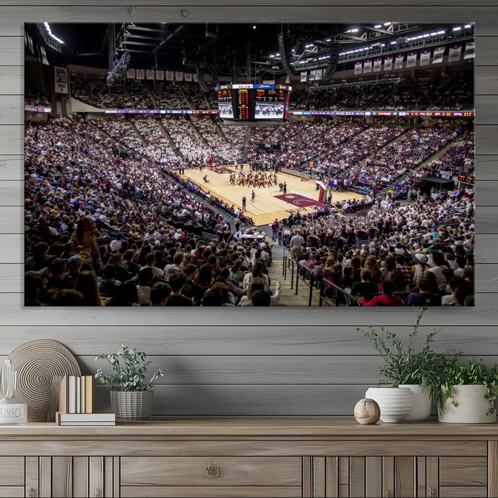 The University of Nebraska Cornhuskers Basketball Team Print - Lincoln Red Arena Wall Art Canvas Print decorates the modern living room. This premium canvas wall art boasts a gallery-quality finish, enhancing the space's contemporary vibe.