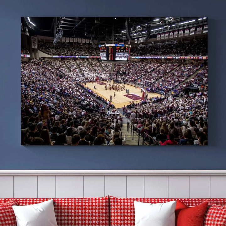 The University of Nebraska Cornhuskers Basketball Team Print - Lincoln Red Arena Wall Art Canvas Print decorates the modern living room. This premium canvas wall art boasts a gallery-quality finish, enhancing the space's contemporary vibe.