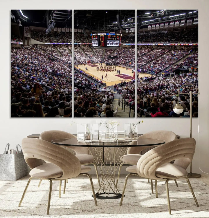 The University of Nebraska Cornhuskers Basketball Team Print - Lincoln Red Arena Wall Art Canvas Print decorates the modern living room. This premium canvas wall art boasts a gallery-quality finish, enhancing the space's contemporary vibe.