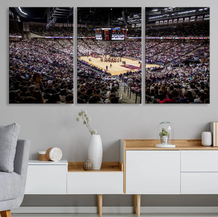 The University of Nebraska Cornhuskers Basketball Team Print - Lincoln Red Arena Wall Art Canvas Print decorates the modern living room. This premium canvas wall art boasts a gallery-quality finish, enhancing the space's contemporary vibe.