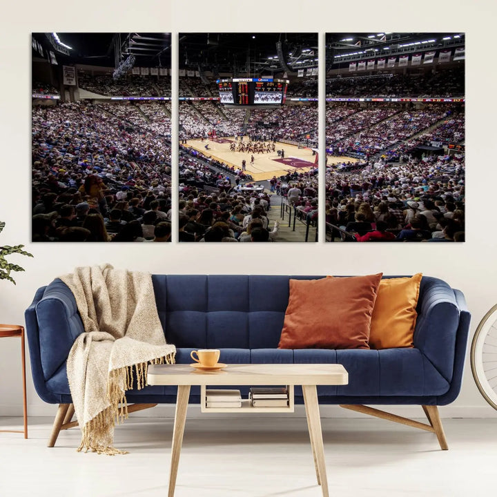 The University of Nebraska Cornhuskers Basketball Team Print - Lincoln Red Arena Wall Art Canvas Print decorates the modern living room. This premium canvas wall art boasts a gallery-quality finish, enhancing the space's contemporary vibe.