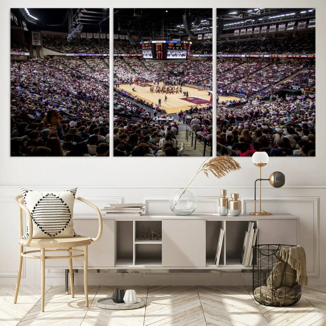 The University of Nebraska Cornhuskers Basketball Team Print - Lincoln Red Arena Wall Art Canvas Print decorates the modern living room. This premium canvas wall art boasts a gallery-quality finish, enhancing the space's contemporary vibe.