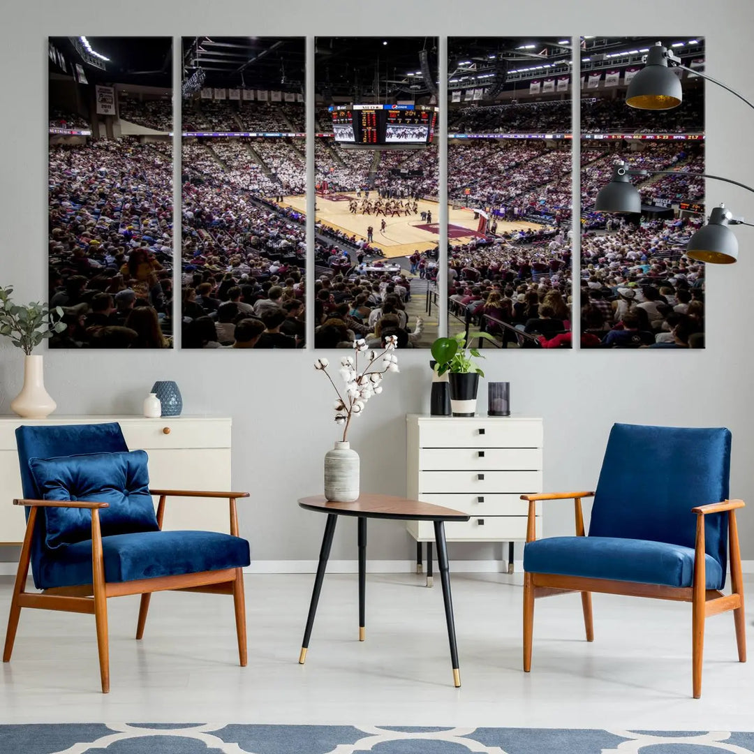 The University of Nebraska Cornhuskers Basketball Team Print - Lincoln Red Arena Wall Art Canvas Print decorates the modern living room. This premium canvas wall art boasts a gallery-quality finish, enhancing the space's contemporary vibe.