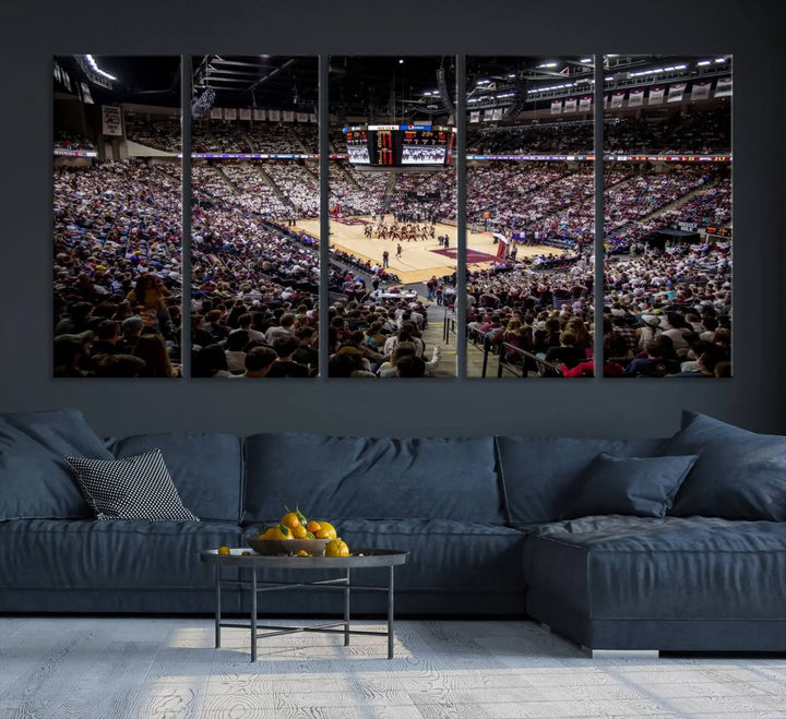 The University of Nebraska Cornhuskers Basketball Team Print - Lincoln Red Arena Wall Art Canvas Print decorates the modern living room. This premium canvas wall art boasts a gallery-quality finish, enhancing the space's contemporary vibe.