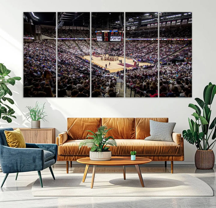 The University of Nebraska Cornhuskers Basketball Team Print - Lincoln Red Arena Wall Art Canvas Print decorates the modern living room. This premium canvas wall art boasts a gallery-quality finish, enhancing the space's contemporary vibe.