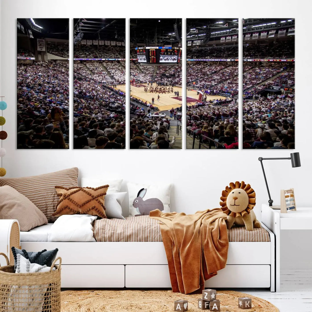 The University of Nebraska Cornhuskers Basketball Team Print - Lincoln Red Arena Wall Art Canvas Print decorates the modern living room. This premium canvas wall art boasts a gallery-quality finish, enhancing the space's contemporary vibe.