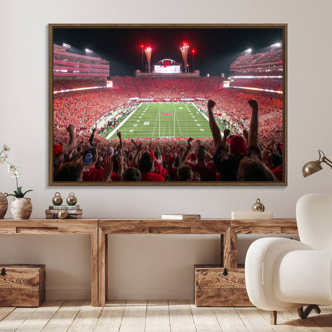 43351-MGV-FC-36X24_Walnut-University of Nebraska Cornhuskers Football Team Print - Lincoln Memorial Stadium Wall Art Canvas Print