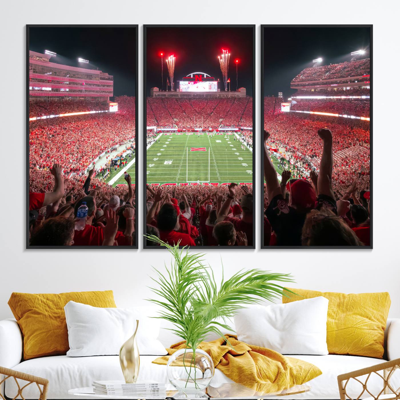 43351-MGV-FC-48X32-3P_Black-University of Nebraska Cornhuskers Football Team Print - Lincoln Memorial Stadium Wall Art Canvas Print