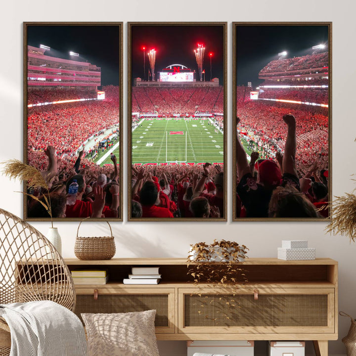 43351-MGV-FC-48X32-3P_Walnut-University of Nebraska Cornhuskers Football Team Print - Lincoln Memorial Stadium Wall Art Canvas Print