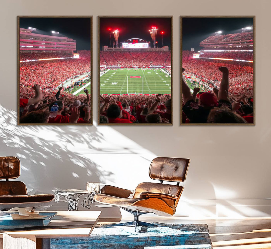 43351-MGV-FC-60X30-3P_Walnut-University of Nebraska Cornhuskers Football Team Print - Lincoln Memorial Stadium Wall Art Canvas Print