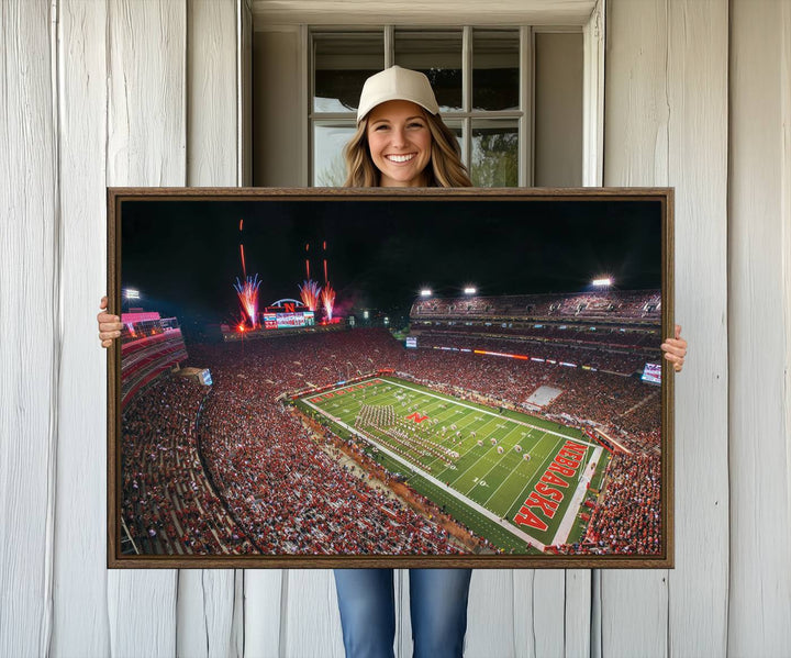 51773-MGV-CV-36X24-University of Nebraska Cornhuskers Football Team Print - Lincoln Memorial Stadium Wall Art Canvas Print