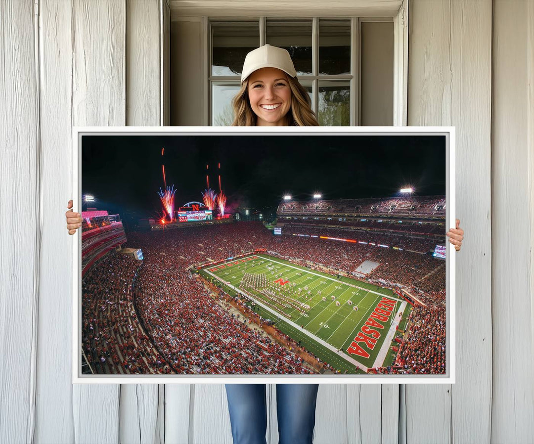 51773-MGV-CV-36X24-University of Nebraska Cornhuskers Football Team Print - Lincoln Memorial Stadium Wall Art Canvas Print