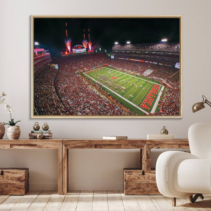 51773-MGV-FC-36X24_Natural-University of Nebraska Cornhuskers Football Team Print - Lincoln Memorial Stadium Wall Art Canvas Print
