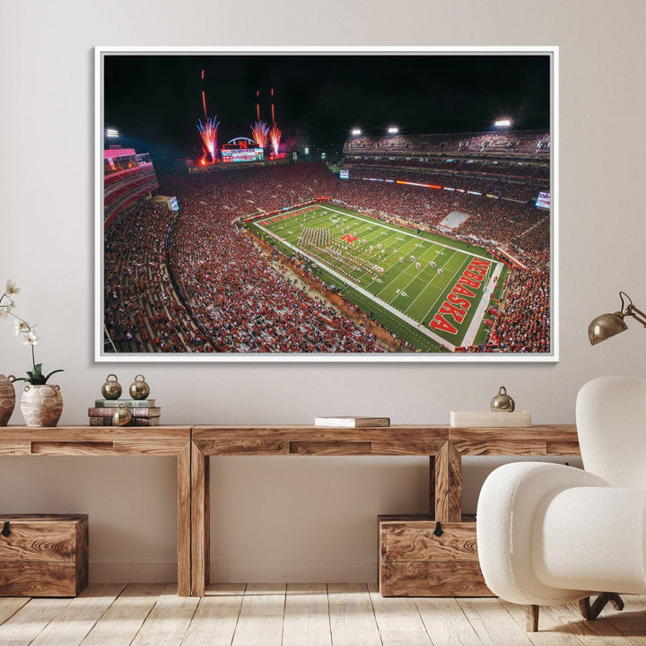 51773-MGV-FC-36X24_White-University of Nebraska Cornhuskers Football Team Print - Lincoln Memorial Stadium Wall Art Canvas Print