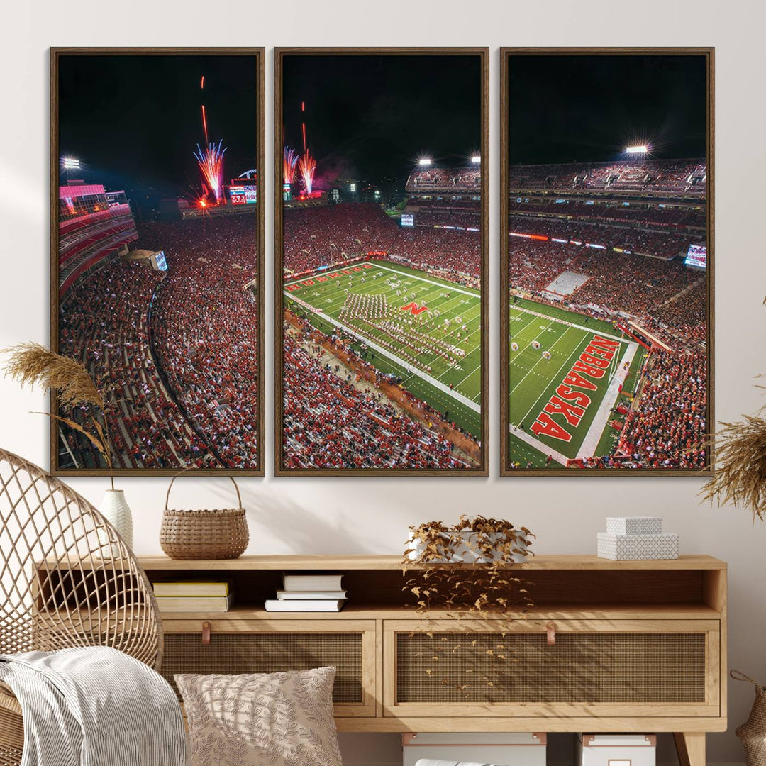 51773-MGV-FC-48X32-3P_Walnut-University of Nebraska Cornhuskers Football Team Print - Lincoln Memorial Stadium Wall Art Canvas Print