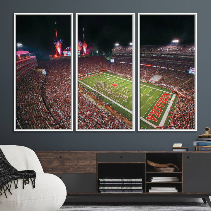 51773-MGV-FC-48X32-3P_White-University of Nebraska Cornhuskers Football Team Print - Lincoln Memorial Stadium Wall Art Canvas Print