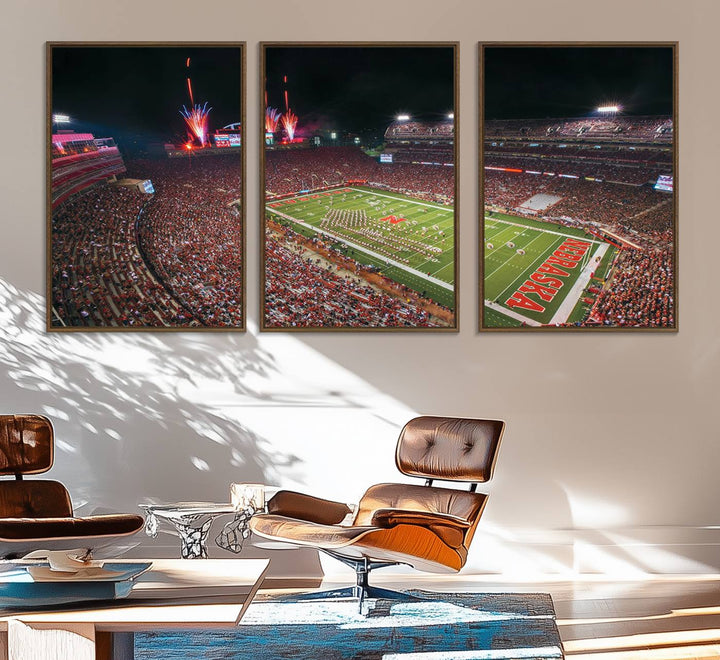 51773-MGV-FC-60X30-3P_Walnut-University of Nebraska Cornhuskers Football Team Print - Lincoln Memorial Stadium Wall Art Canvas Print
