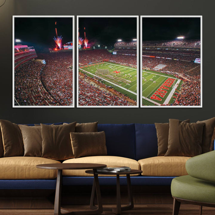 51773-MGV-FC-60X30-3P_White-University of Nebraska Cornhuskers Football Team Print - Lincoln Memorial Stadium Wall Art Canvas Print
