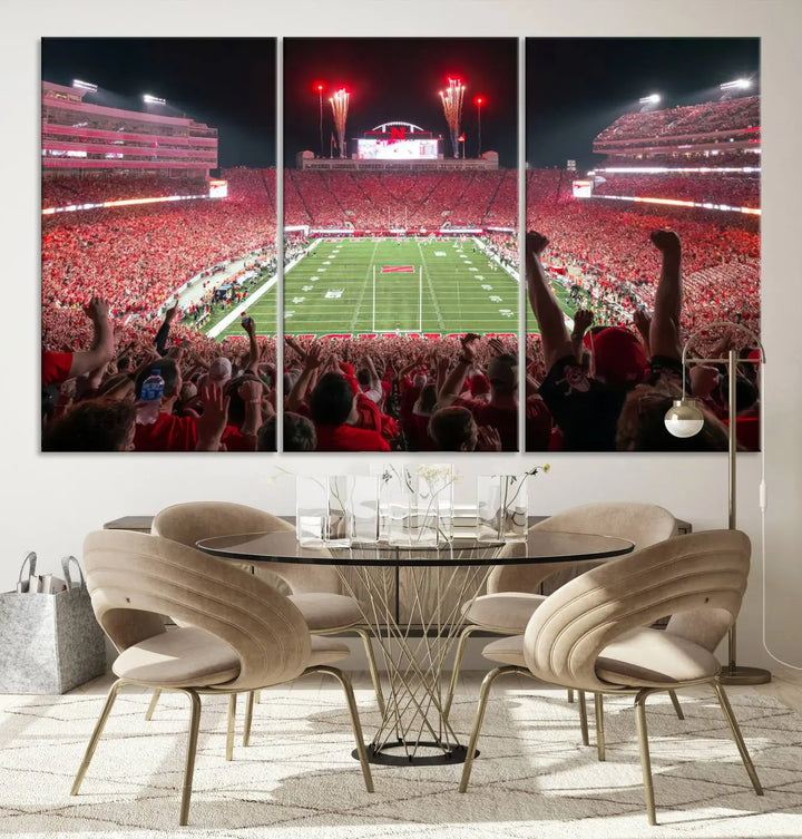 The University of Nebraska Cornhuskers Football Team Print, a vibrant three-panel canvas depicting Lincoln Memorial Stadium filled with enthusiastic fans from the end zone perspective, features a gallery-quality finish.