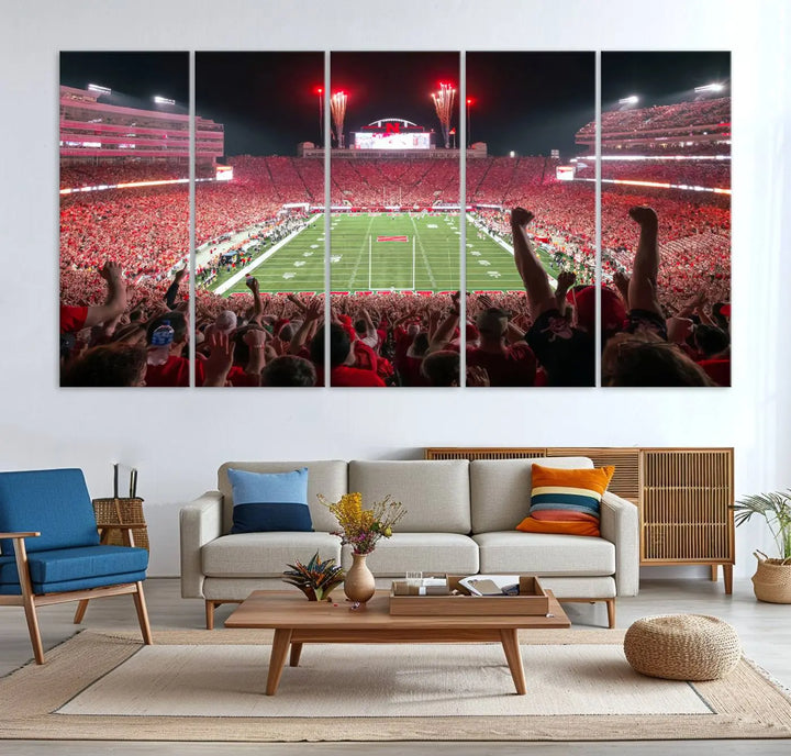 The University of Nebraska Cornhuskers Football Team Print, a vibrant three-panel canvas depicting Lincoln Memorial Stadium filled with enthusiastic fans from the end zone perspective, features a gallery-quality finish.