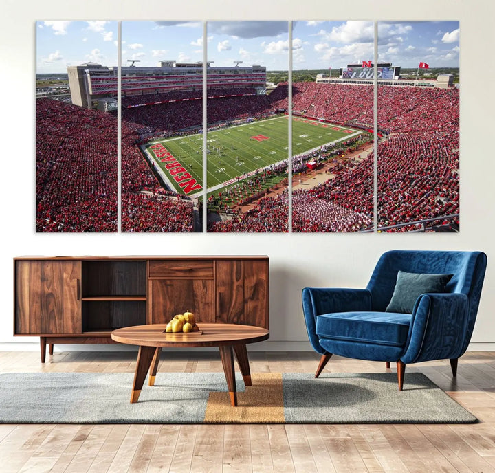 The University of Nebraska Cornhuskers Football Team Print showcases a vibrant triptych of Lincoln Memorial Stadium, depicting a packed football stadium filled with energetic fans. This handmade art piece is crafted in the USA and printed on premium canvas for a gallery-quality finish.