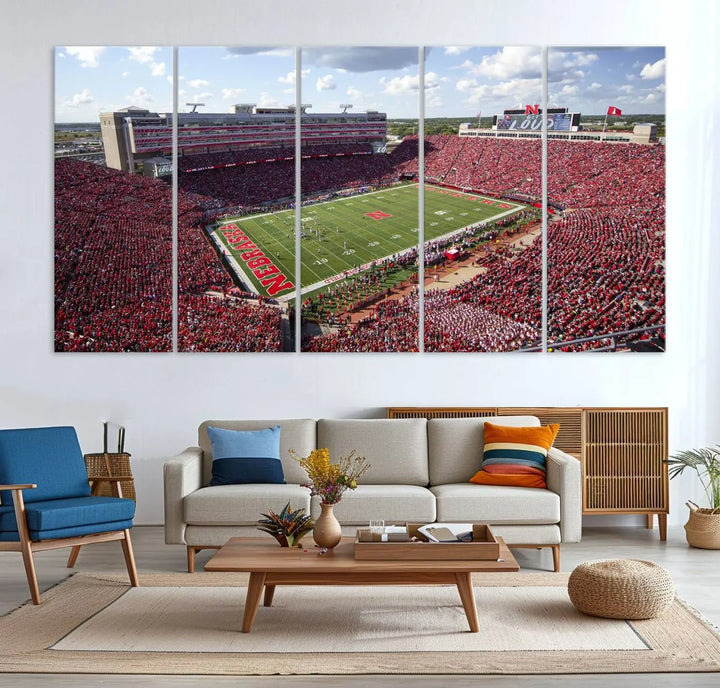 The University of Nebraska Cornhuskers Football Team Print showcases a vibrant triptych of Lincoln Memorial Stadium, depicting a packed football stadium filled with energetic fans. This handmade art piece is crafted in the USA and printed on premium canvas for a gallery-quality finish.