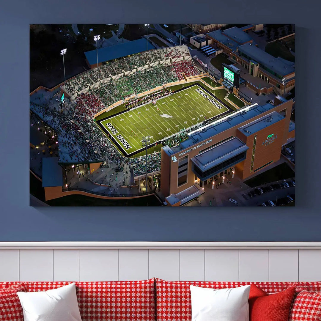 Aerial view of the University of North Texas Mean Green Football Team's DATCU Stadium at night, with packed stands, displayed on a premium canvas print as wall art.