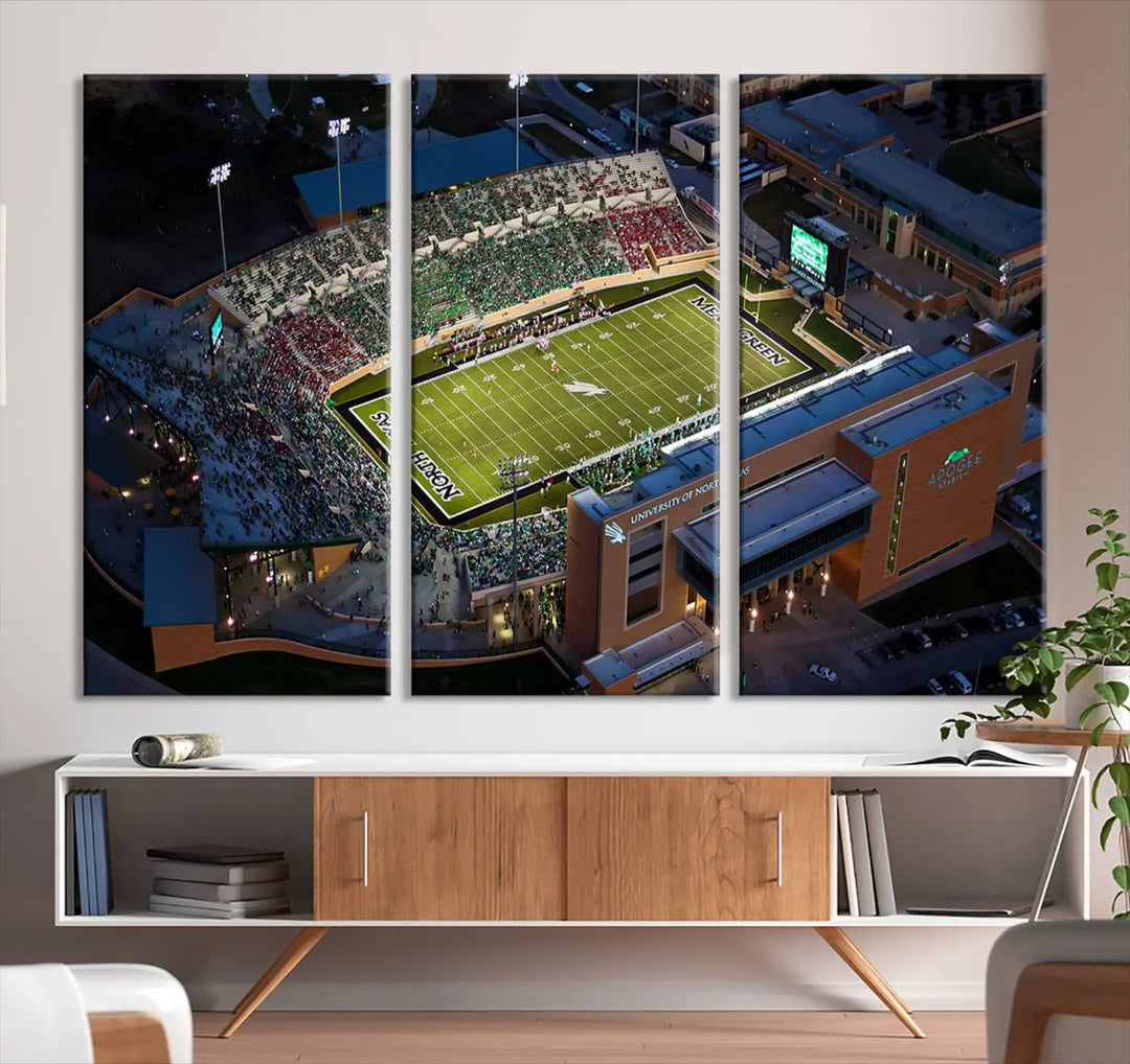 Aerial view of the University of North Texas Mean Green Football Team's DATCU Stadium at night, with packed stands, displayed on a premium canvas print as wall art.