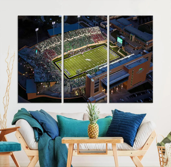 Aerial view of the University of North Texas Mean Green Football Team's DATCU Stadium at night, with packed stands, displayed on a premium canvas print as wall art.