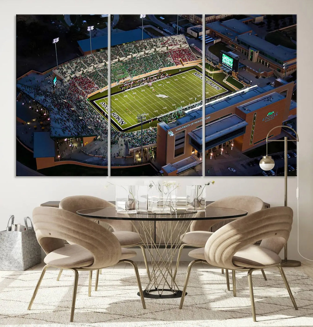 Aerial view of the University of North Texas Mean Green Football Team's DATCU Stadium at night, with packed stands, displayed on a premium canvas print as wall art.