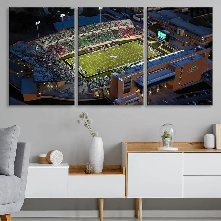 Aerial view of the University of North Texas Mean Green Football Team's DATCU Stadium at night, with packed stands, displayed on a premium canvas print as wall art.