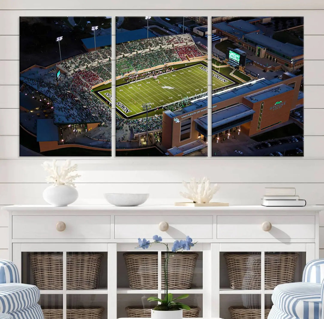 Aerial view of the University of North Texas Mean Green Football Team's DATCU Stadium at night, with packed stands, displayed on a premium canvas print as wall art.