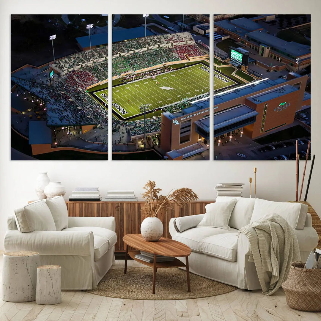 Aerial view of the University of North Texas Mean Green Football Team's DATCU Stadium at night, with packed stands, displayed on a premium canvas print as wall art.