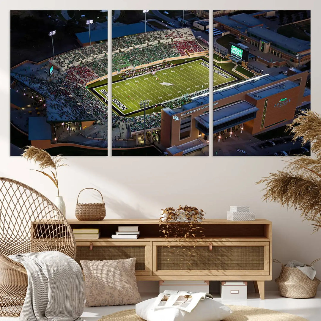 Aerial view of the University of North Texas Mean Green Football Team's DATCU Stadium at night, with packed stands, displayed on a premium canvas print as wall art.