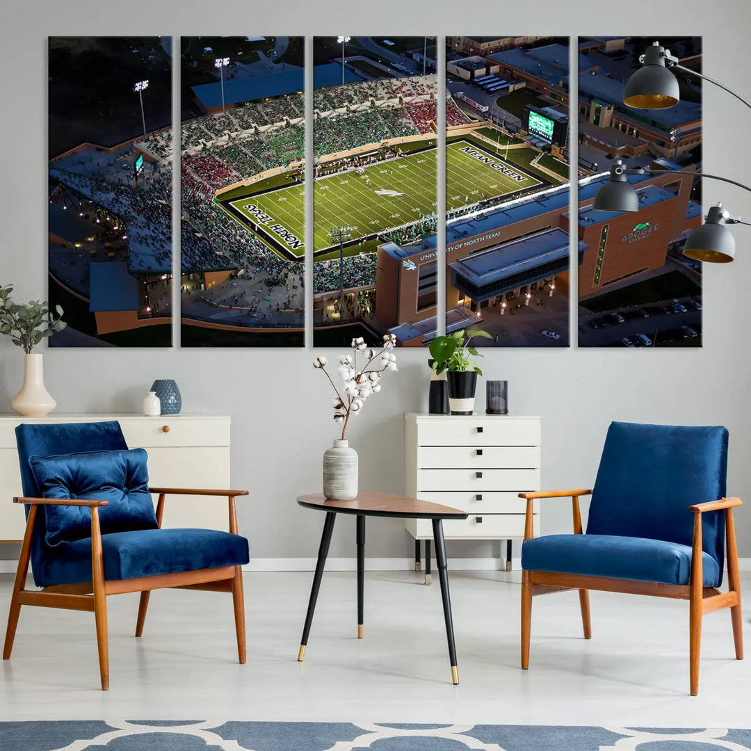 Aerial view of the University of North Texas Mean Green Football Team's DATCU Stadium at night, with packed stands, displayed on a premium canvas print as wall art.