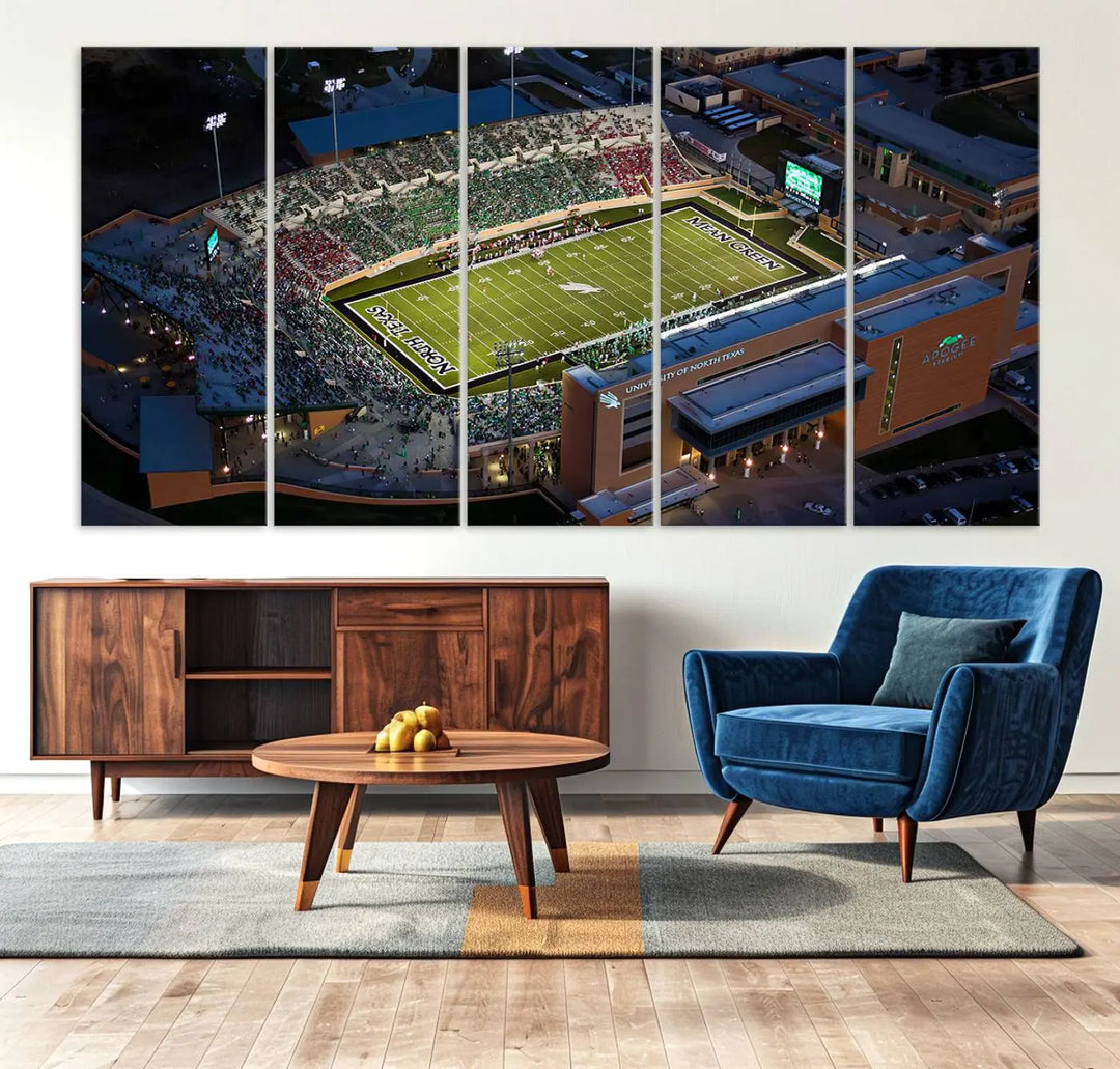 Aerial view of the University of North Texas Mean Green Football Team's DATCU Stadium at night, with packed stands, displayed on a premium canvas print as wall art.